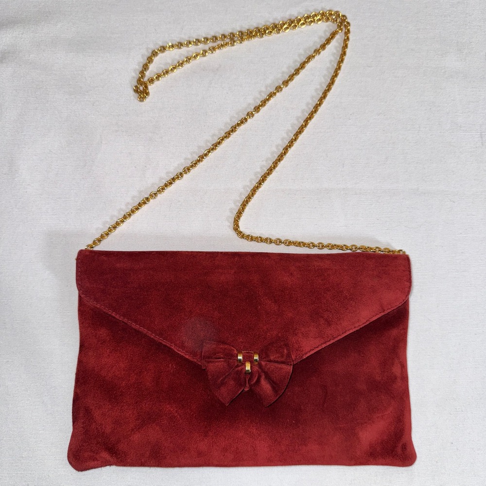 Rodo Italy Vintage Burgundy Red Suede Bow Clutch Crossbody Bag Gold Chain Strap